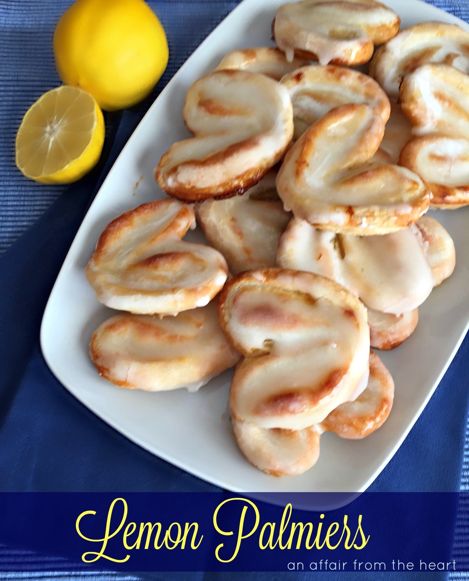 Lemon Palmiers on a white serving dish with text "Lemon Palmiers"