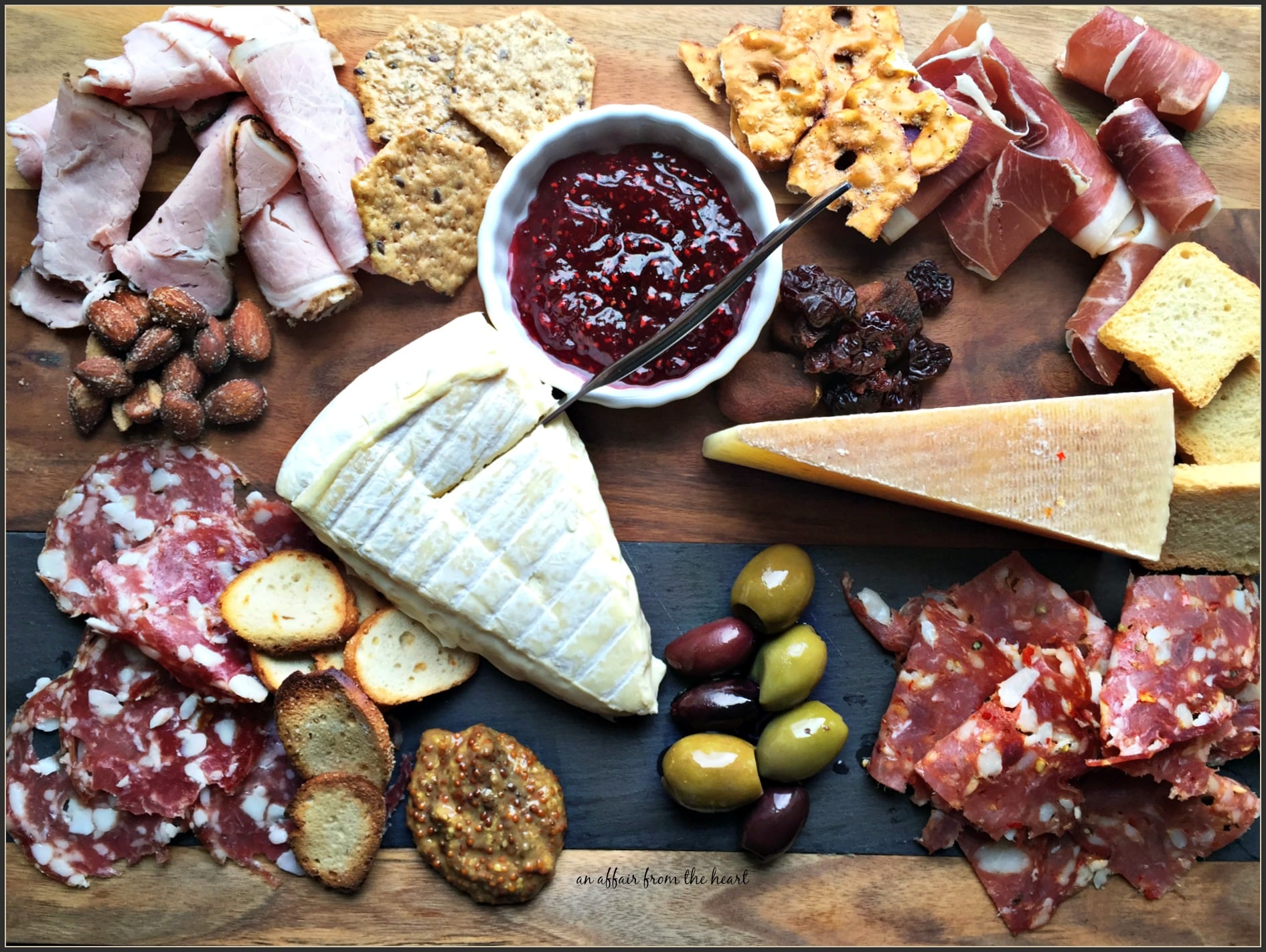 Overhead of completed Charcuterie board
