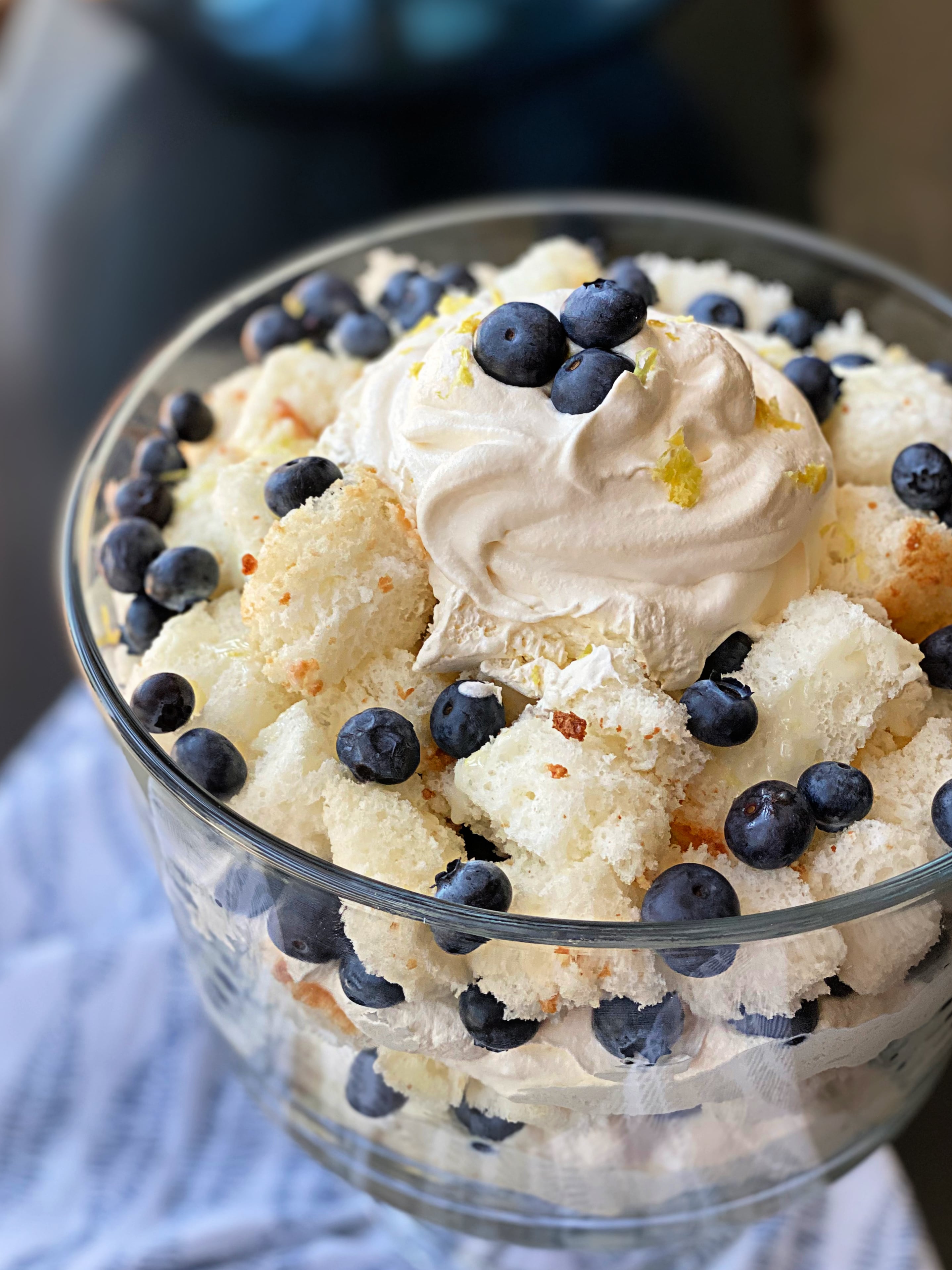 Lemon Blueberry Trifle in glass trifle bowl